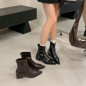 2025 Autumn Winter New Sheepskin Pointed Toe Stretch Boots Women Back Zipper Short Boots Chunky Heel French Fashion Slim Boots