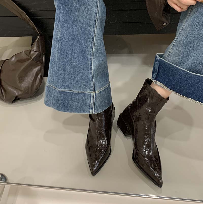 2025 Autumn Winter New Sheepskin Pointed Toe Stretch Boots Women Back Zipper Short Boots Chunky Heel French Fashion Slim Boots - Image 2