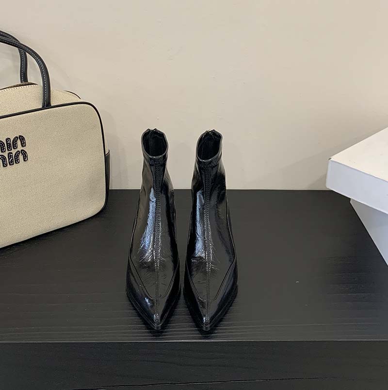 2025 Autumn Winter New Sheepskin Pointed Toe Stretch Boots Women Back Zipper Short Boots Chunky Heel French Fashion Slim Boots - Image 3