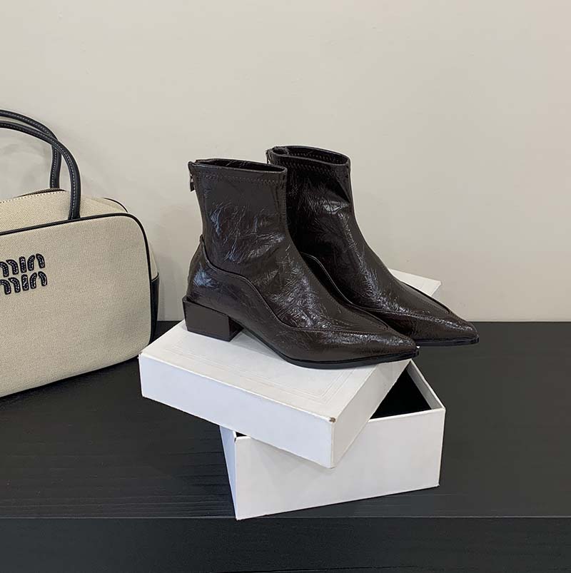 2025 Autumn Winter New Sheepskin Pointed Toe Stretch Boots Women Back Zipper Short Boots Chunky Heel French Fashion Slim Boots - Image 4