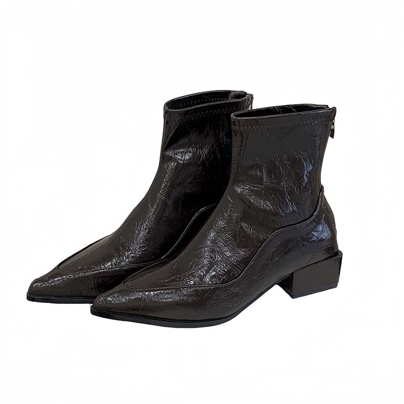 2025 Autumn Winter New Sheepskin Pointed Toe Stretch Boots Women Back Zipper Short Boots Chunky Heel French Fashion Slim Boots - Image 5