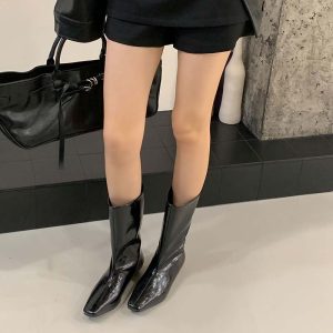 2025 New Retro Square Toe Slim Wide Shaft Riding Boots Low Heel Mid Calf Boots Women