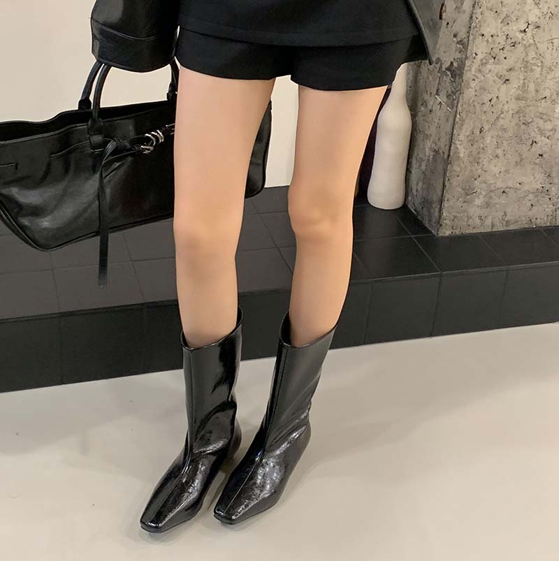 2025 New Retro Square Toe Slim Wide Shaft Riding Boots Low Heel Mid Calf Boots Women
