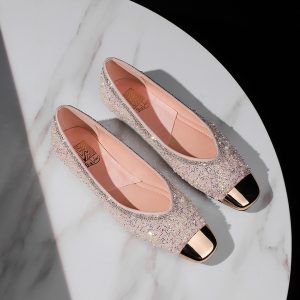 BIGWOOD Women's European American Style Square Toe Low Heel Slip-On Flats with Pearl Beads for Banquet