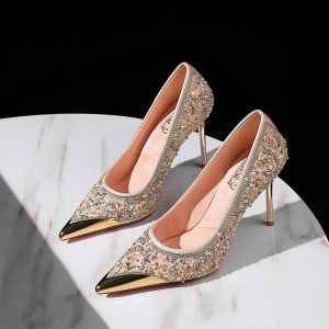 BIGWOOD Women's Metallic Pointed Toe Sparkly High Heel Shoes with Rhinestone Ankle Strap, Slip-On Low Cut Pump, Party Evening Shoes