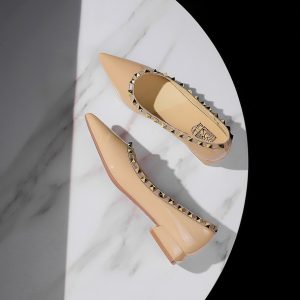 BIGWOOD Women's Pointed Toe Low Heel Flats with Studs Patent Leather Slip-On Comfortable Dress Shoes