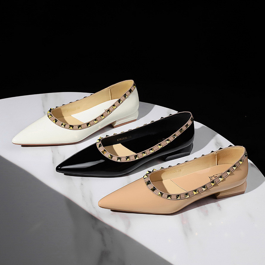 BIGWOOD Women's Pointed Toe Low Heel Flats with Studs Patent Leather Slip-On Comfortable Dress Shoes - Image 4