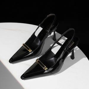 BIGWOOD Women's Pointed Toe Patent Leather Open Back High Heel Shoes with Metal Buckle - Party Stilettos