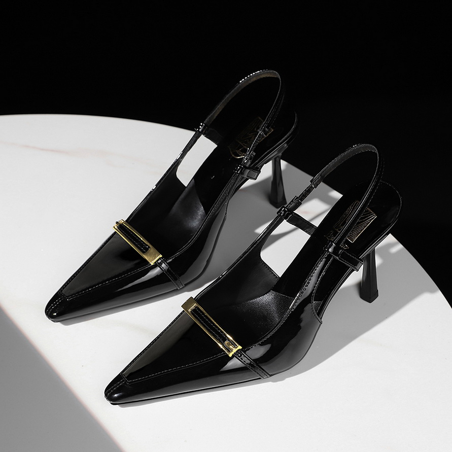 BIGWOOD Women's Pointed Toe Patent Leather Open Back High Heel Shoes with Metal Buckle - Party Stilettos
