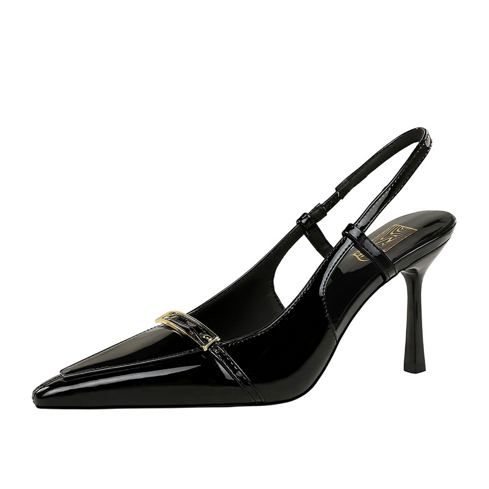 BIGWOOD Women's Pointed Toe Patent Leather Open Back High Heel Shoes with Metal Buckle - Party Stilettos - Image 5
