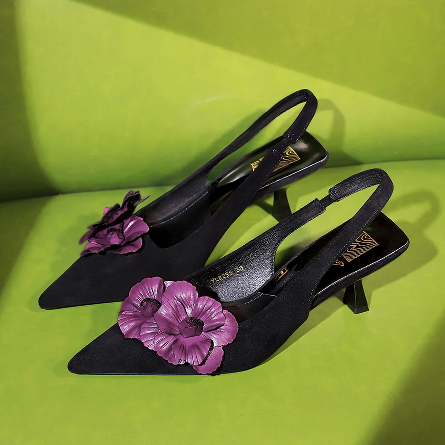 BIGWOOD Women's Suede Pointed Toe Backless Slingback Heels with Floral Contrast - 6cm Stiletto, Slip-On, Non-Slip