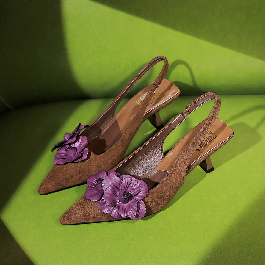 BIGWOOD Women's Suede Pointed Toe Backless Slingback Heels with Floral Contrast - 6cm Stiletto, Slip-On, Non-Slip - Image 2