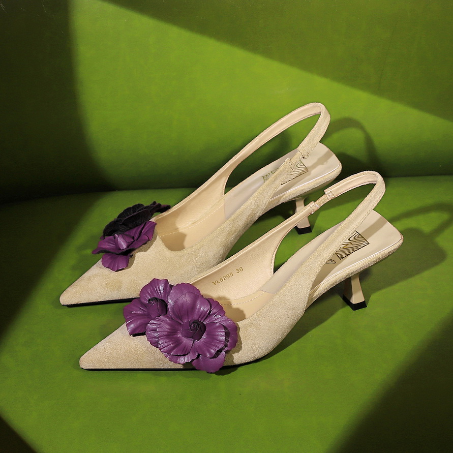 BIGWOOD Women's Suede Pointed Toe Backless Slingback Heels with Floral Contrast - 6cm Stiletto, Slip-On, Non-Slip - Image 3