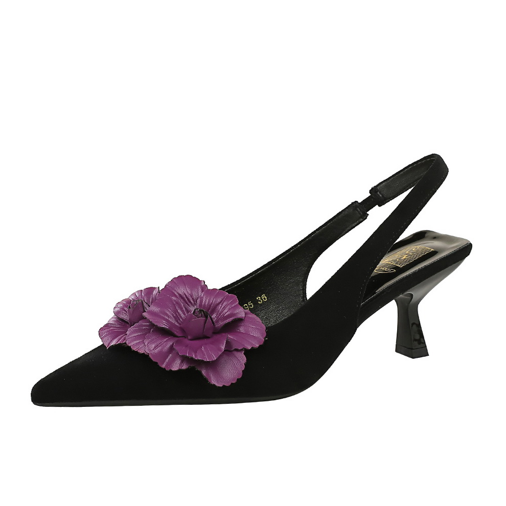 BIGWOOD Women's Suede Pointed Toe Backless Slingback Heels with Floral Contrast - 6cm Stiletto, Slip-On, Non-Slip - Image 5