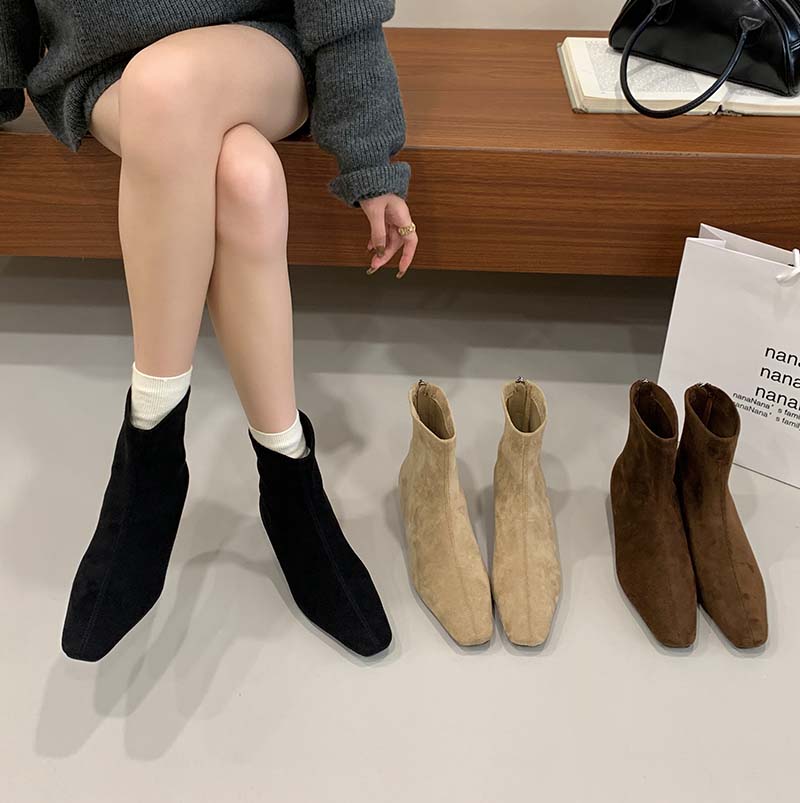 Brown Ankle Boots for Women Hidden Wedge Heel Back Zipper Square Toe 2025 New Autumn Winter Korean Style Suede Slim Boots