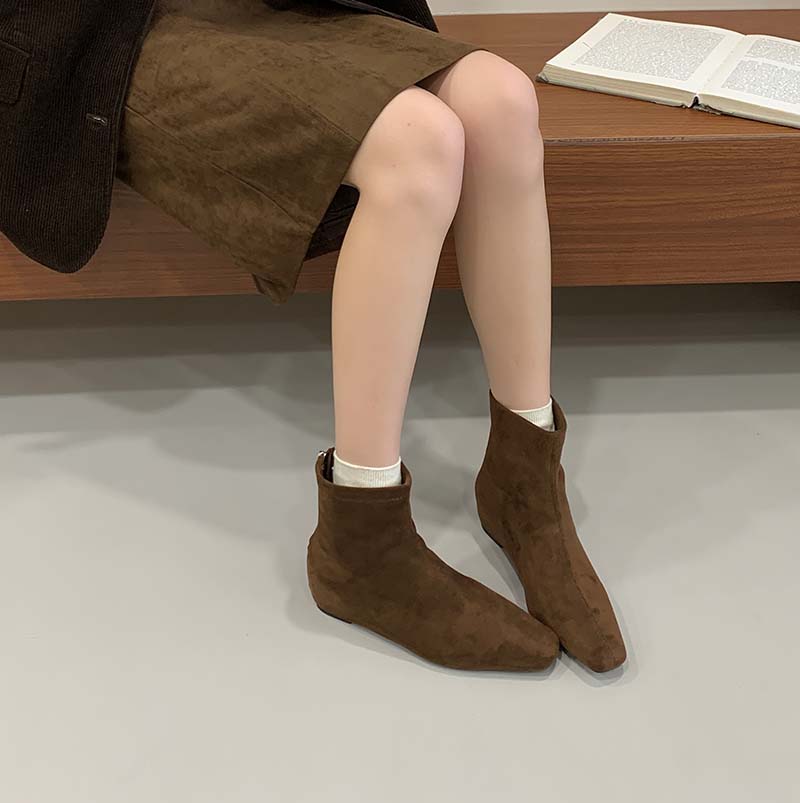 Brown Ankle Boots for Women Hidden Wedge Heel Back Zipper Square Toe 2025 New Autumn Winter Korean Style Suede Slim Boots - Image 2