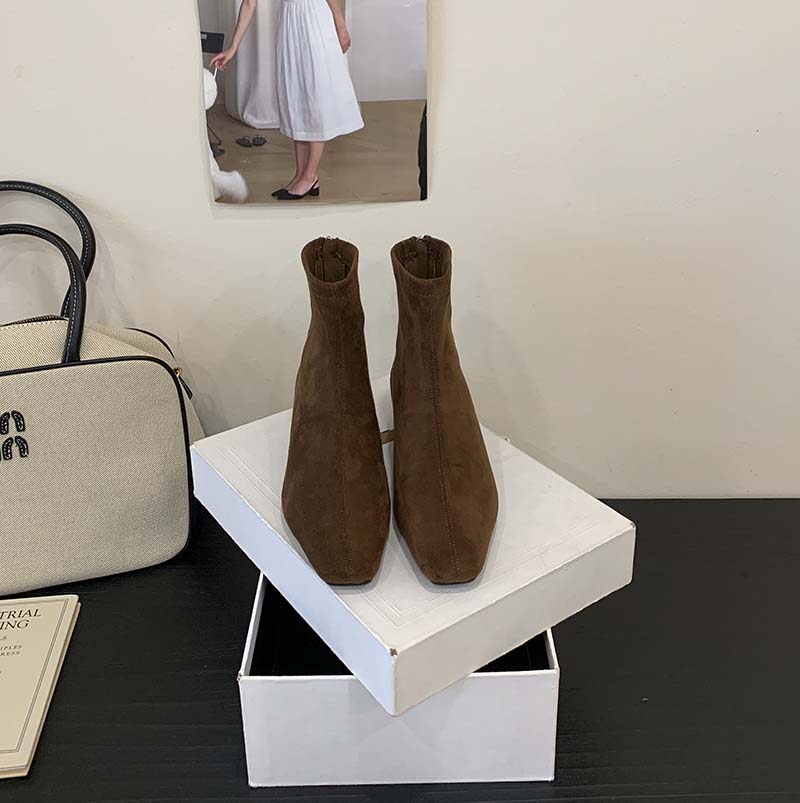 Brown Ankle Boots for Women Hidden Wedge Heel Back Zipper Square Toe 2025 New Autumn Winter Korean Style Suede Slim Boots - Image 4