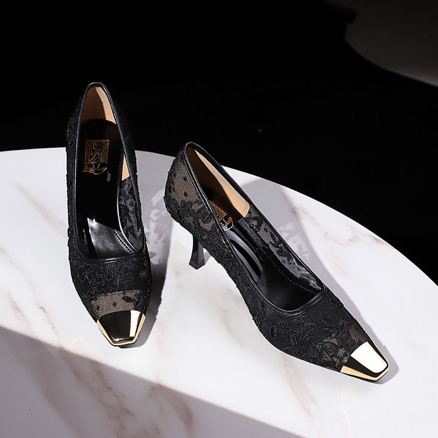 European American Style Sexy Lace Mesh High Heel Shoes Metal Square Toe Shallow Mouth Thin Heel Women's Shoes