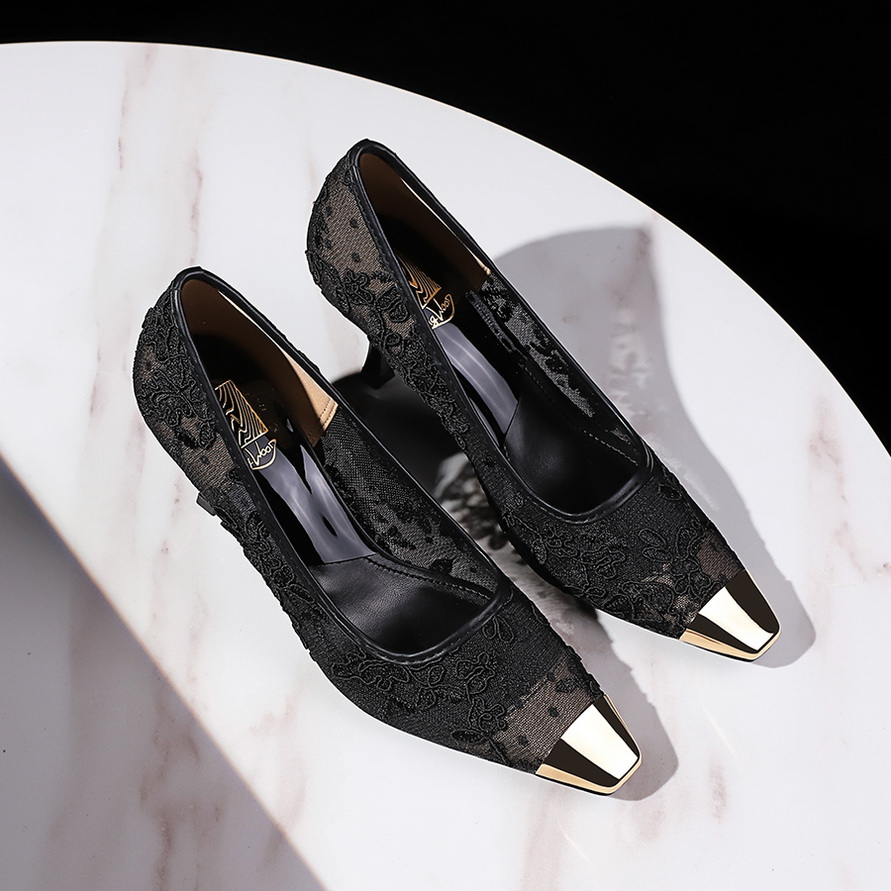 European American Style Sexy Lace Mesh High Heel Shoes Metal Square Toe Shallow Mouth Thin Heel Women's Shoes - Image 2