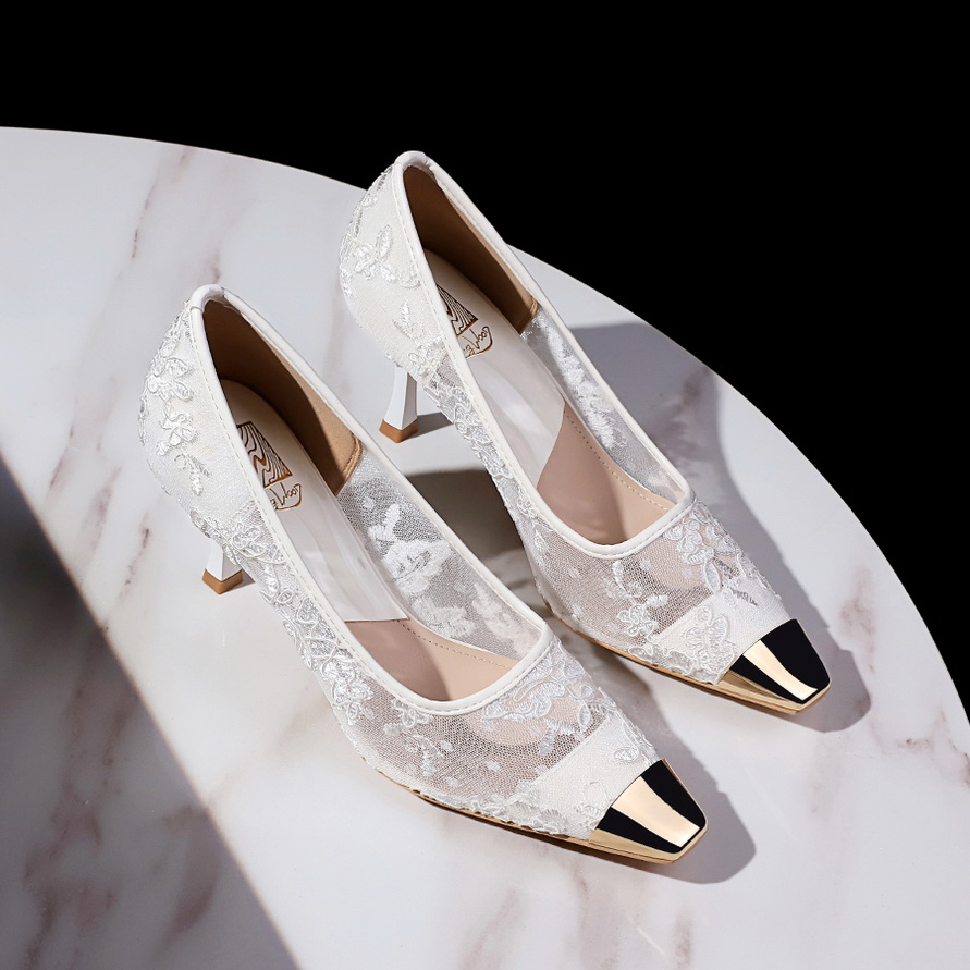 European American Style Sexy Lace Mesh High Heel Shoes Metal Square Toe Shallow Mouth Thin Heel Women's Shoes - Image 3