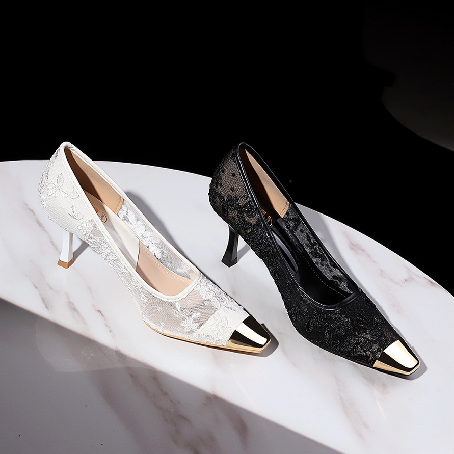 European American Style Sexy Lace Mesh High Heel Shoes Metal Square Toe Shallow Mouth Thin Heel Women's Shoes - Image 4