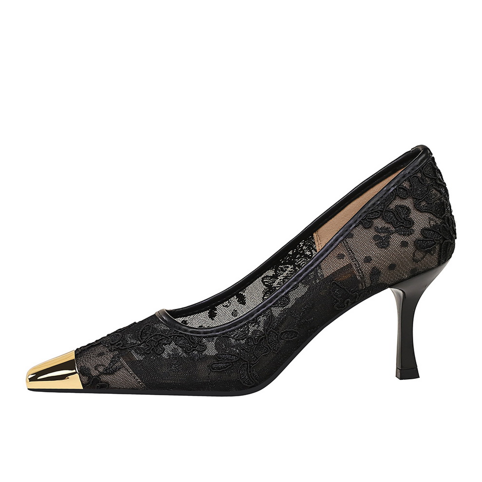 European American Style Sexy Lace Mesh High Heel Shoes Metal Square Toe Shallow Mouth Thin Heel Women's Shoes - Image 5