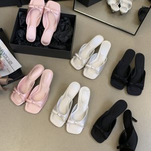 French Elegant Solid Color Bow Square Toe Open Toe Thin Heel Slippers Summer Fairy Style High Heels