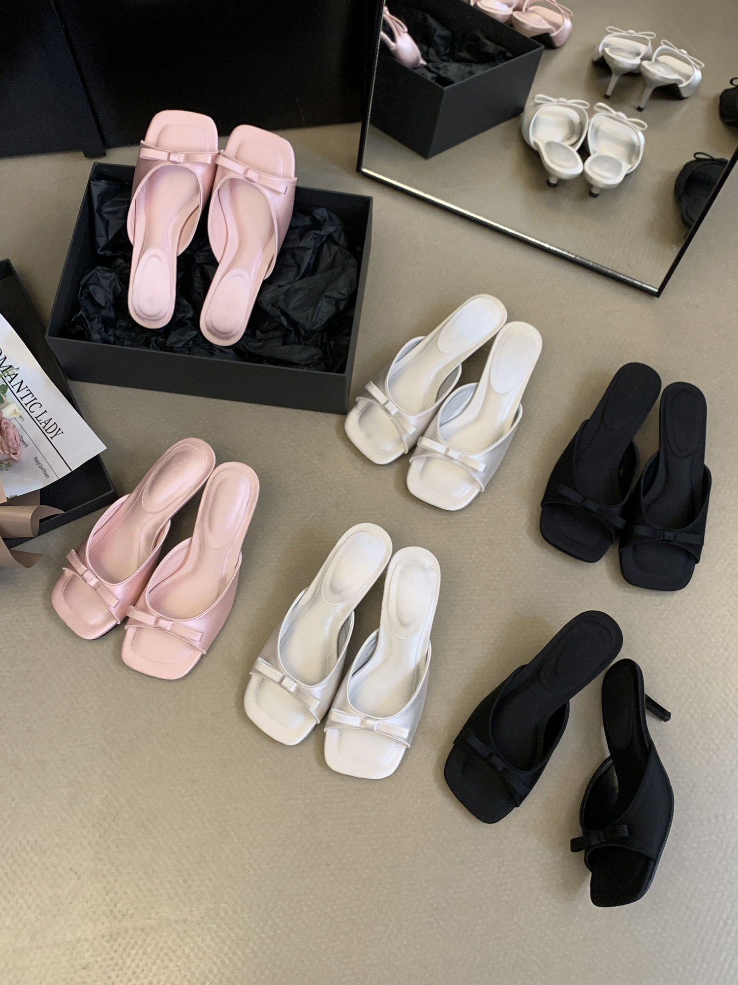 French Elegant Solid Color Bow Square Toe Open Toe Thin Heel Slippers Summer Fairy Style High Heels