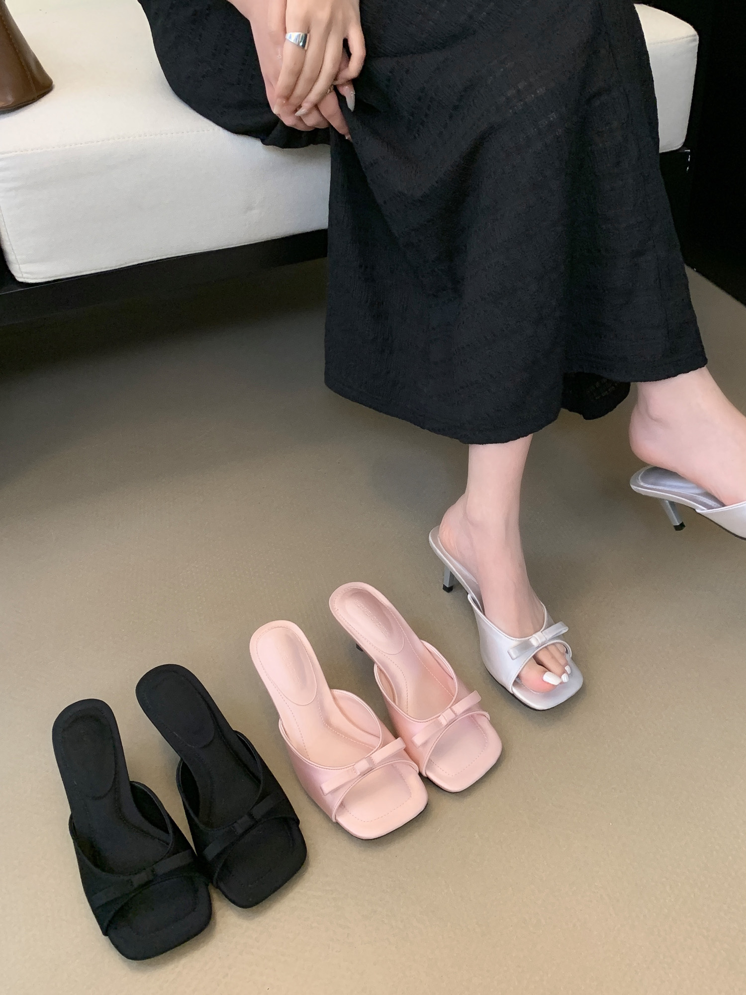 French Elegant Solid Color Bow Square Toe Open Toe Thin Heel Slippers Summer Fairy Style High Heels - Image 3