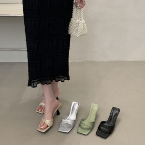 French Style High Heel Slippers for Women Square Toe Minimalist Thin Heel Sandals