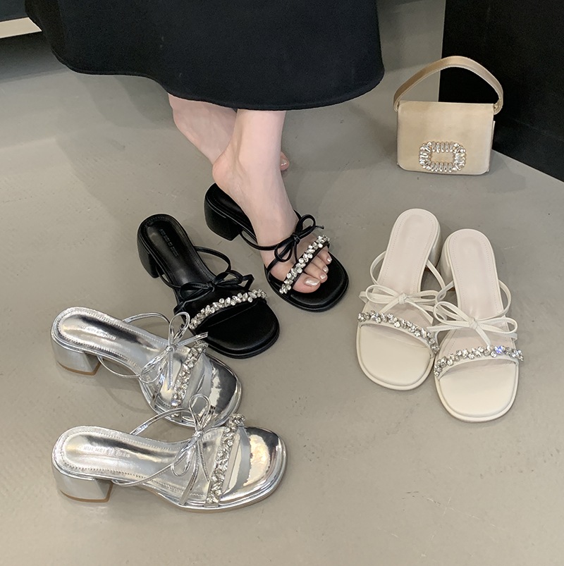 French Style Rhinestone Bow Slippers for Women 2025 Summer New Design Silver Open Toe Sandals