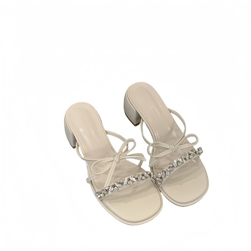 French Style Rhinestone Bow Slippers for Women 2025 Summer New Design Silver Open Toe Sandals - Image 5