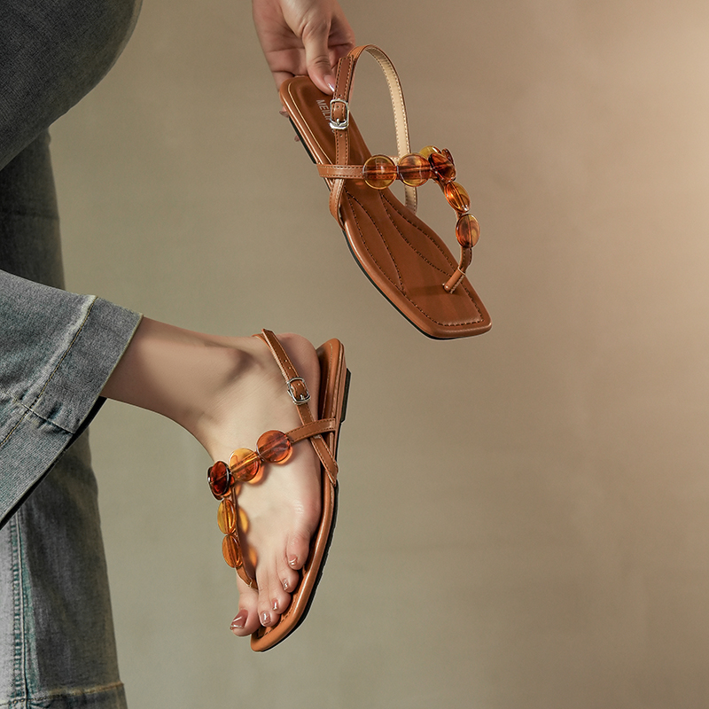 French Vacation Boho Roman Sandals for Women Low Heel Square Toe Beaded Thong Sandals Summer - Image 3
