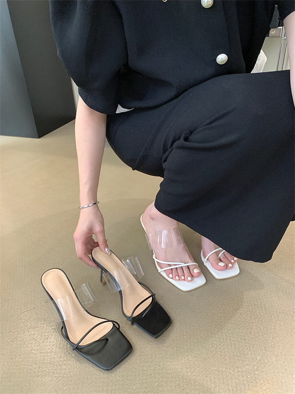 HMSZ 2025 Summer Sexy PVC Transparent Square Toe High Heel Sandals Slippers with Thin Heel for Women