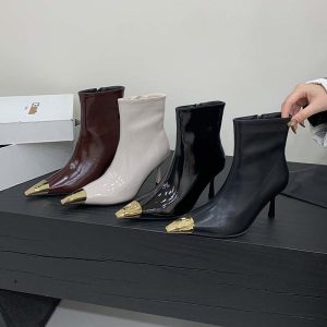 HMSZ Women's Pointed Toe Side Zipper Boots with Metal Heel Cap Black Fashion Stiletto Boots
