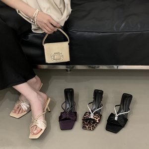 HMSZ Women's Satin Rhinestone Bow Ankle Strap Slippers 2026 Summer New High Heel Open Toe