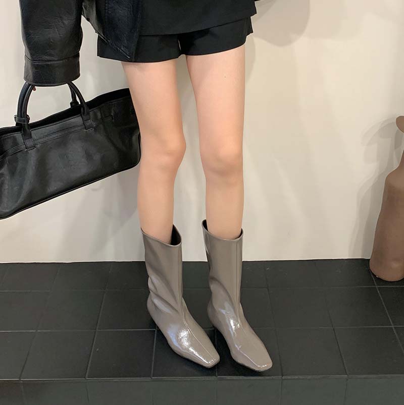 HMSZ Women's Square Toe Mid Calf Boots with Inner Height Increase, PU Leather, Waterproof, Fall 2025 - Image 2