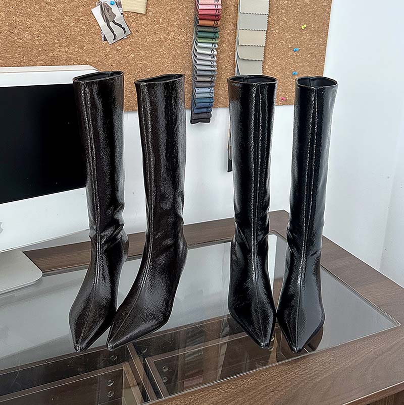 Maillard Kitten Heel Pointed Toe Tall Boots Women 2025 Autumn Winter New Wide Shaft Not Over Knee Burgundy Patent Leather High Boots - Image 3