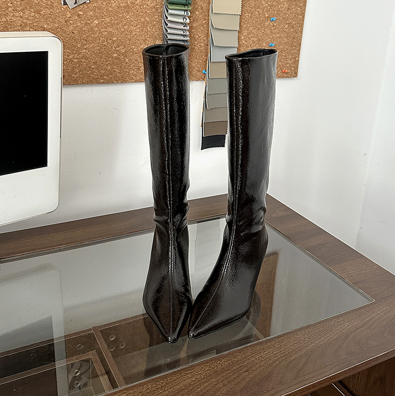 Maillard Kitten Heel Pointed Toe Tall Boots Women 2025 Autumn Winter New Wide Shaft Not Over Knee Burgundy Patent Leather High Boots - Image 4