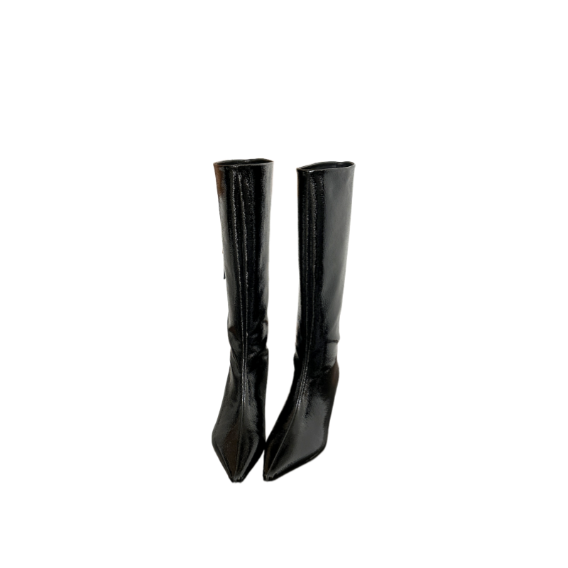 Maillard Kitten Heel Pointed Toe Tall Boots Women 2025 Autumn Winter New Wide Shaft Not Over Knee Burgundy Patent Leather High Boots - Image 5