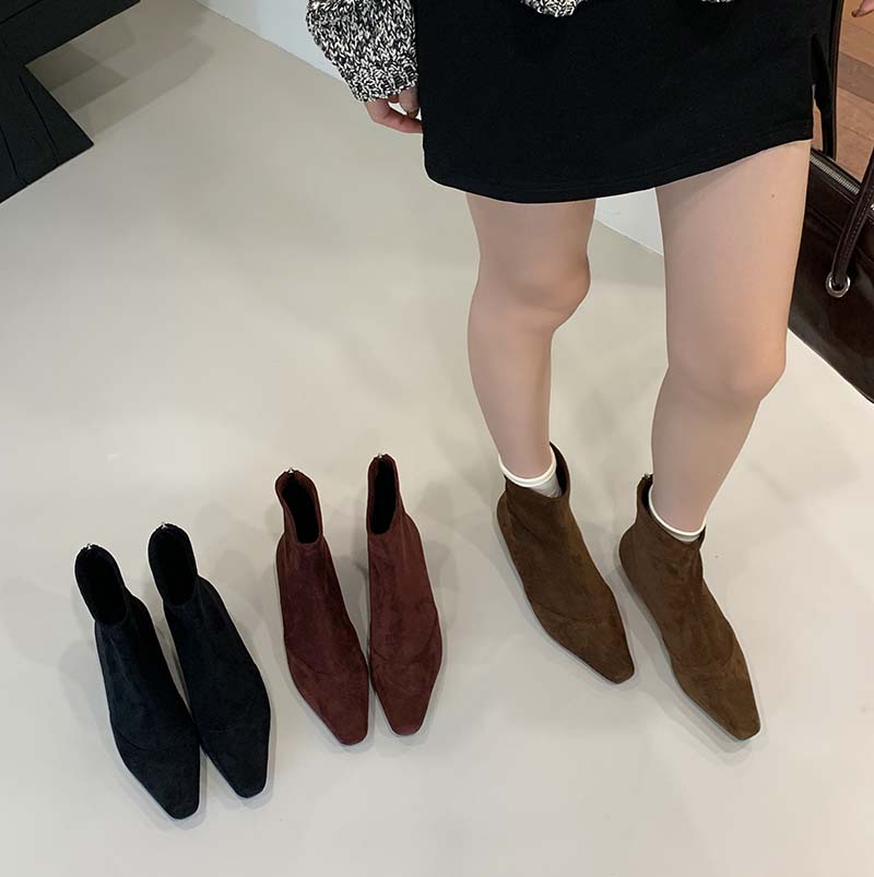Pointed Toe Chunky Heel Wine Red Slim Boots Women 2025 New Autumn Winter Suede Korean Style Short Boots