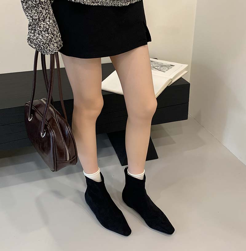 Pointed Toe Chunky Heel Wine Red Slim Boots Women 2025 New Autumn Winter Suede Korean Style Short Boots - Image 2