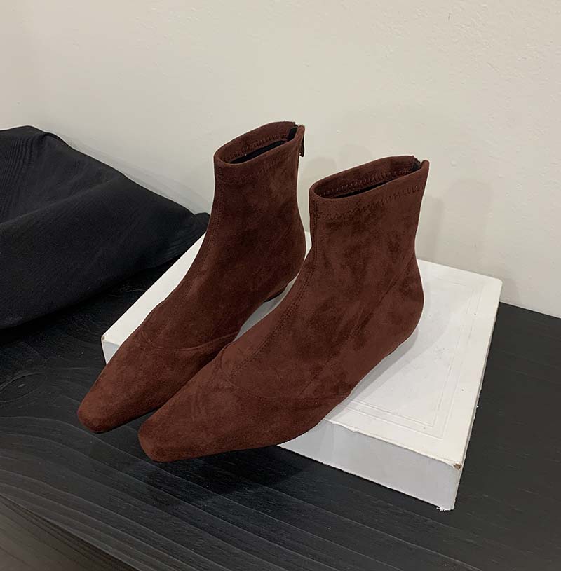 Pointed Toe Chunky Heel Wine Red Slim Boots Women 2025 New Autumn Winter Suede Korean Style Short Boots - Image 3