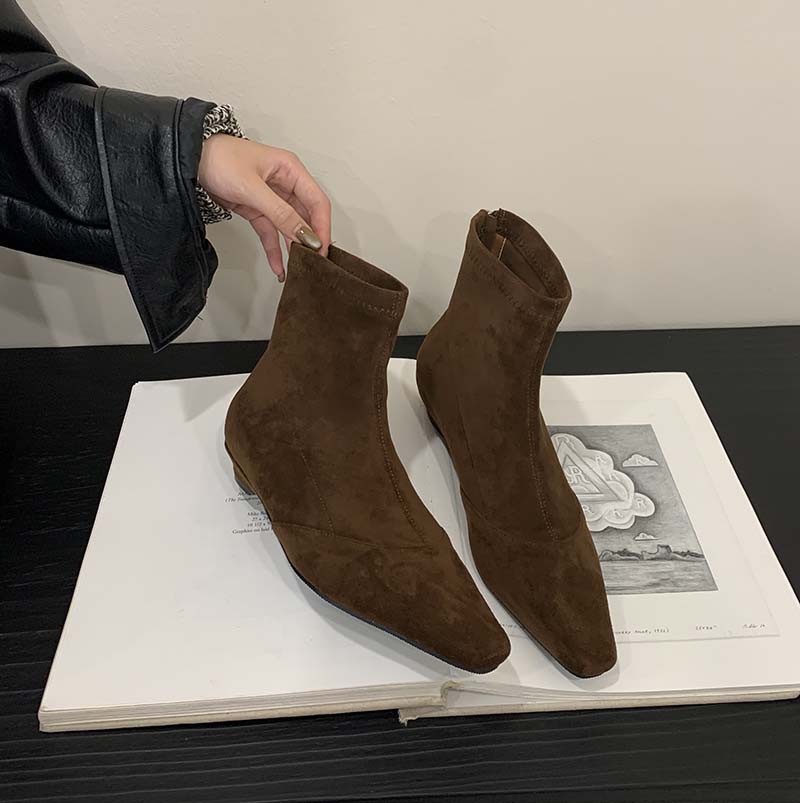 Pointed Toe Chunky Heel Wine Red Slim Boots Women 2025 New Autumn Winter Suede Korean Style Short Boots - Image 4
