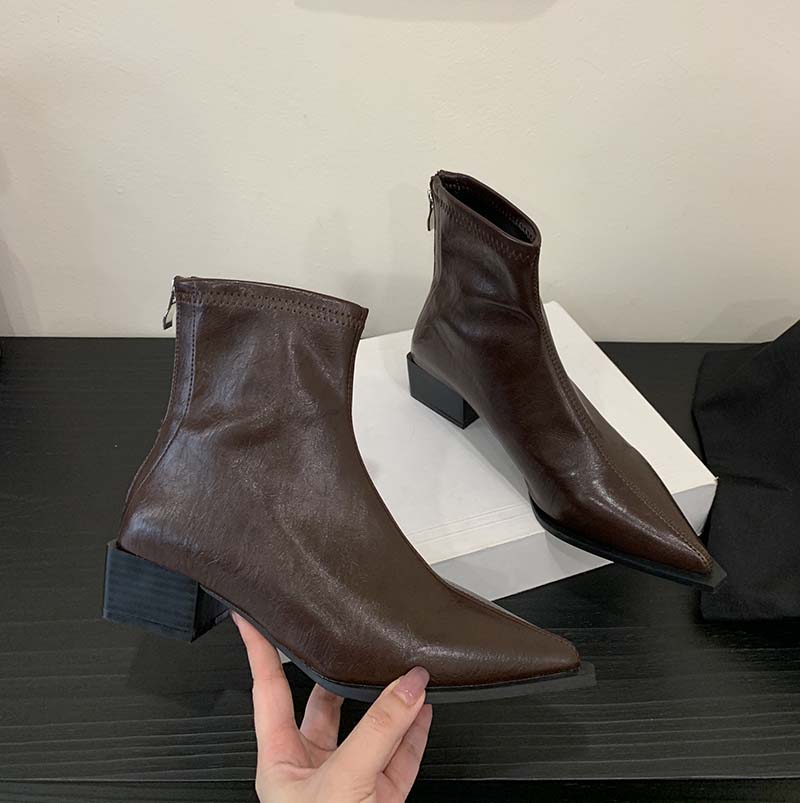 Pointed Toe Short Boots Women Chunky Heel Fashion 2025 New Small Height Increasing Slim Boots Soft Leather Mid Heel Martin Boots - Image 4