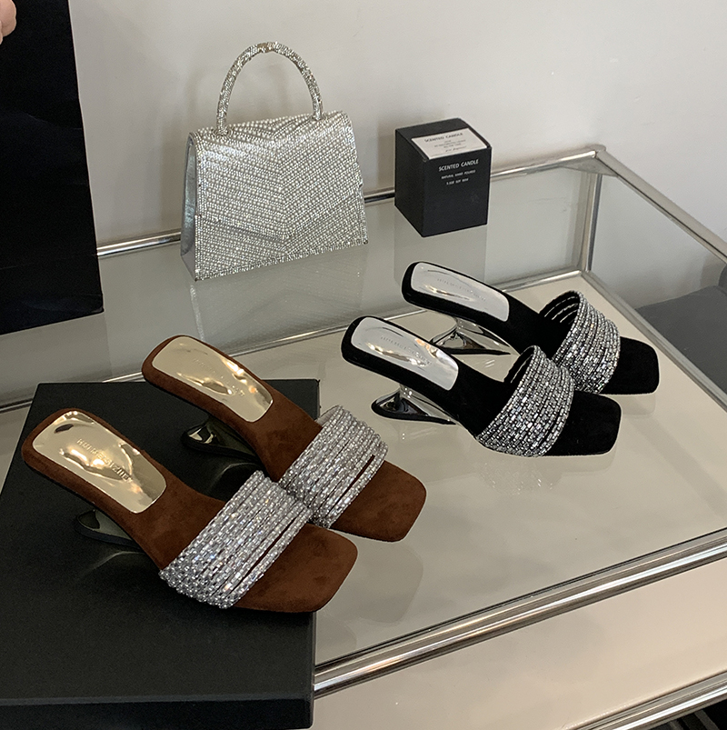 Rhinestone One-Strap Sandals Women Summer 2026 New Trendy Suede Chunky Heel Slippers