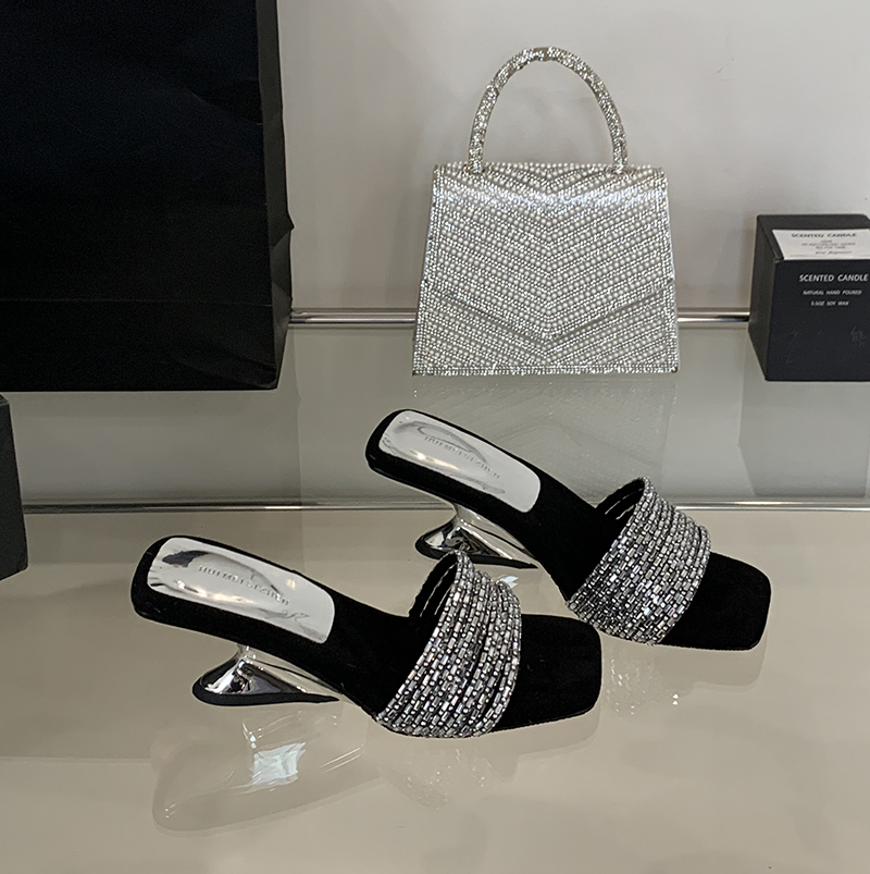 Rhinestone One-Strap Sandals Women Summer 2026 New Trendy Suede Chunky Heel Slippers - Image 2