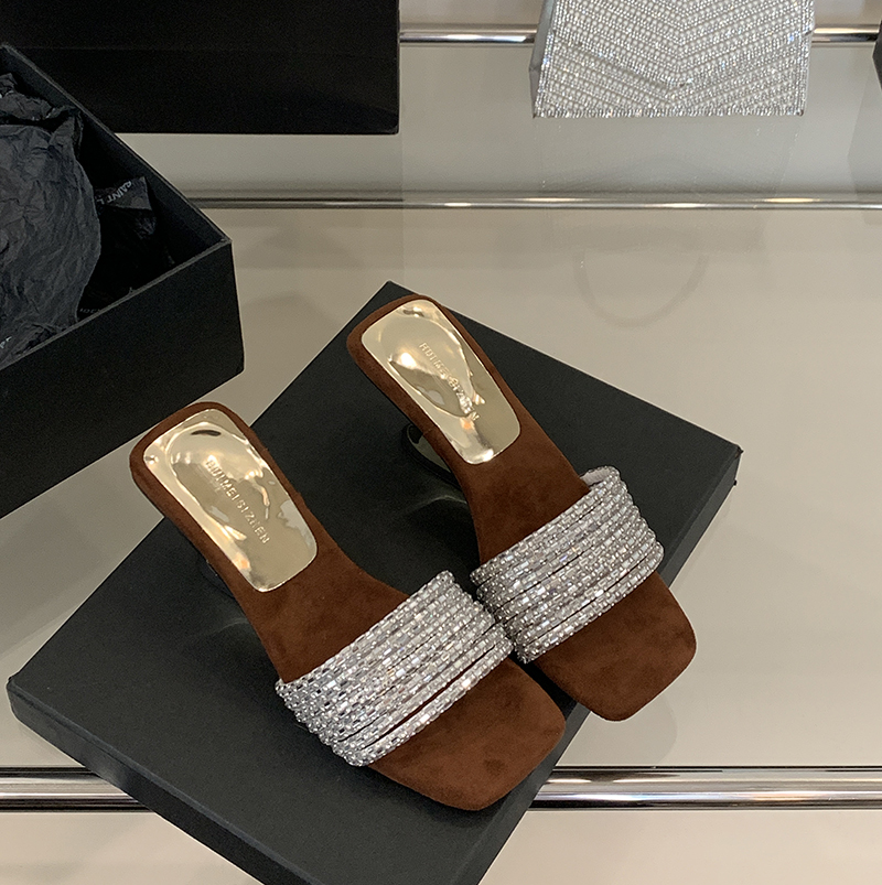 Rhinestone One-Strap Sandals Women Summer 2026 New Trendy Suede Chunky Heel Slippers - Image 3