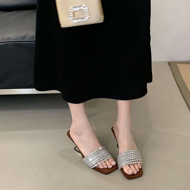 Rhinestone One-Strap Sandals Women Summer 2026 New Trendy Suede Chunky Heel Slippers - Image 4