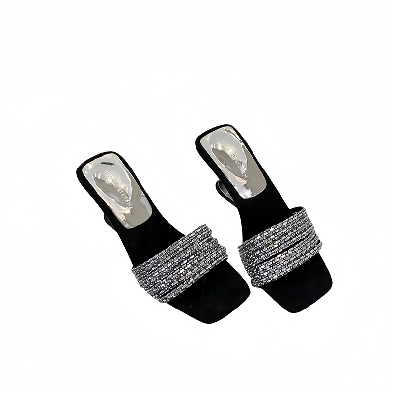 Rhinestone One-Strap Sandals Women Summer 2026 New Trendy Suede Chunky Heel Slippers - Image 5